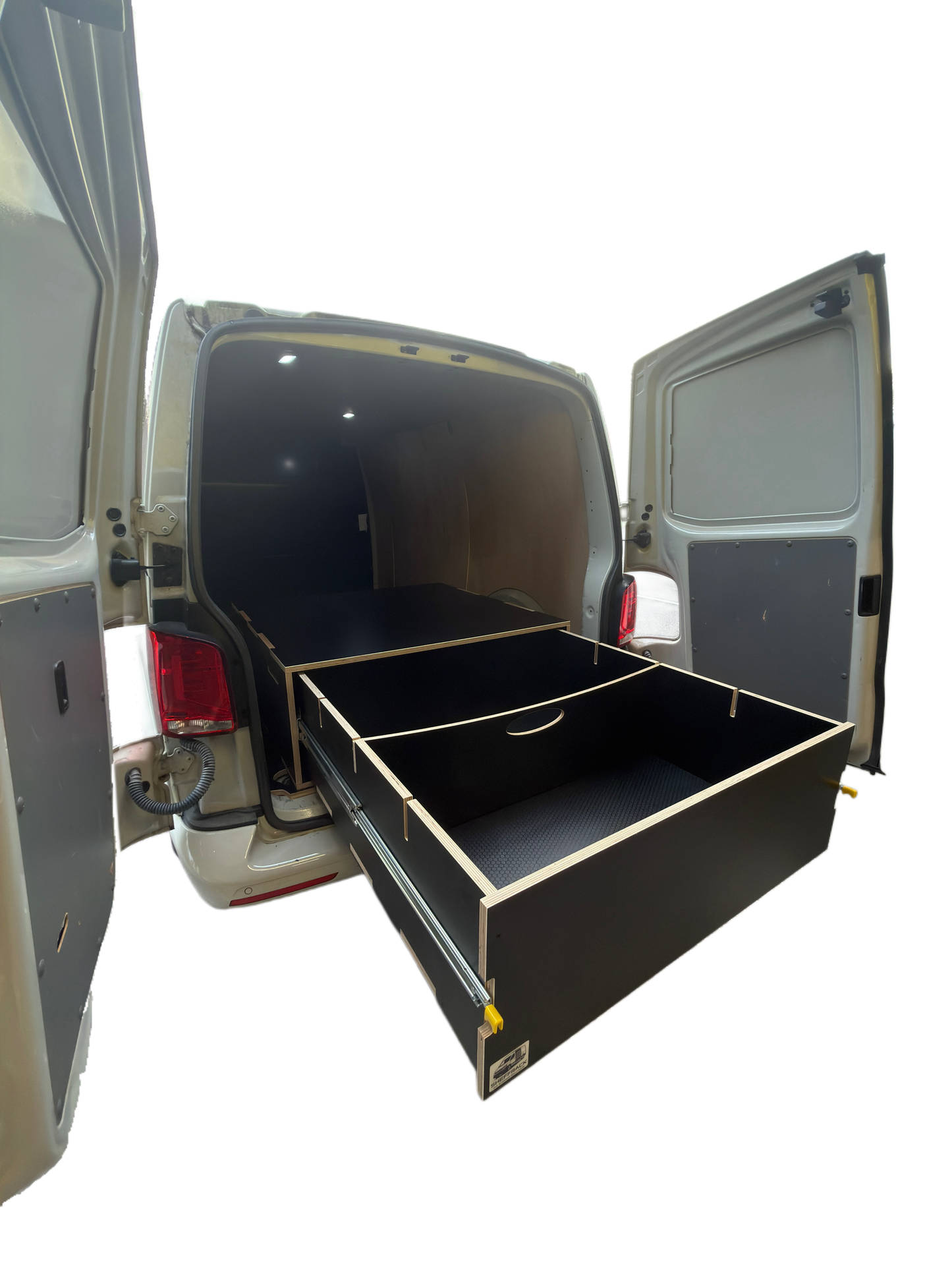 Made to measure heavy duty van storage drawer fully extended from a work van