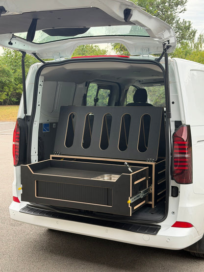 Discovery camping pod fitted in a van with the pull-out kitchen out