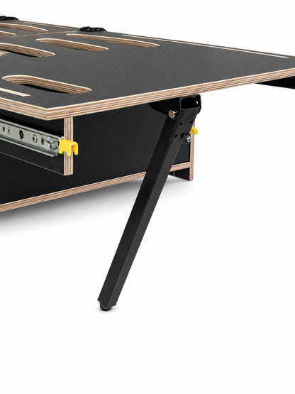 Close-up of the fold-out leg supporting the Discovery van bed