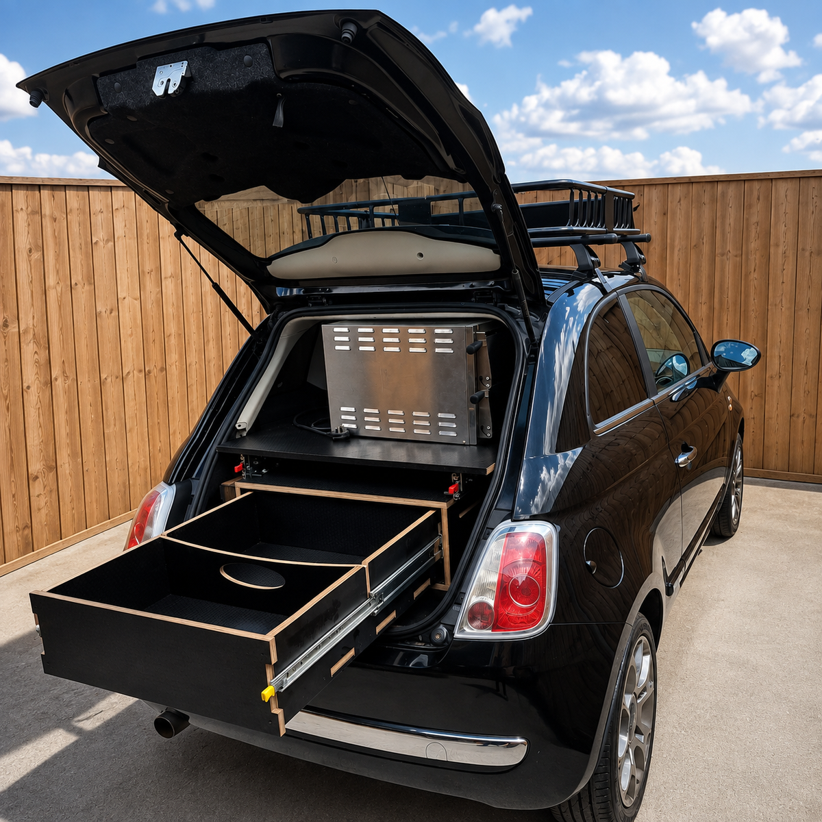 Custom car storage drawer with heavy duty runners fitted in a Fiat 500