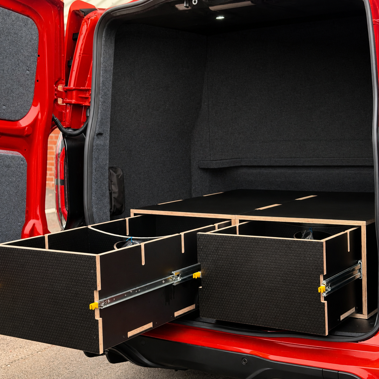 Custom heavy duty storage drawers fitted in a Ford Transit Custom