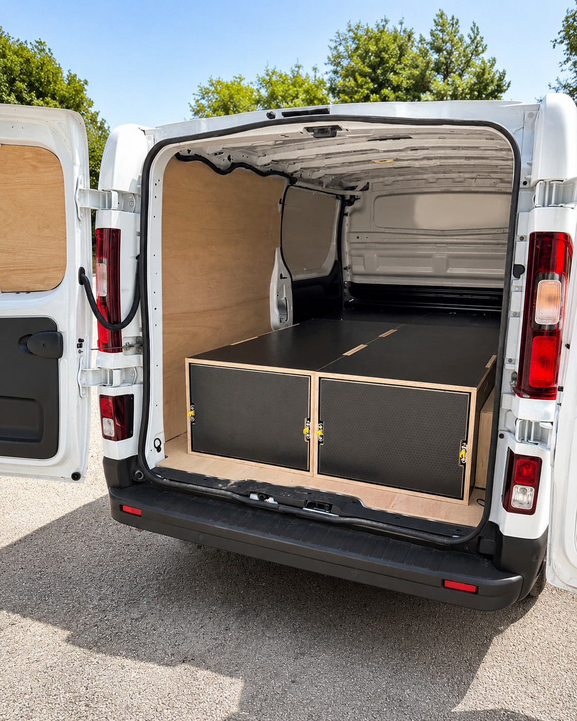 Made to measure twin van storage drawers with raised load platform in vauxhall vivaro Renault trafic 