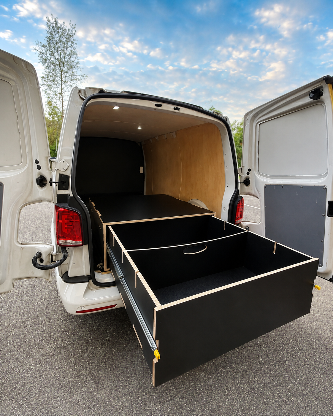 Heavy duty slide-out van storage drawer fitted in a white work van