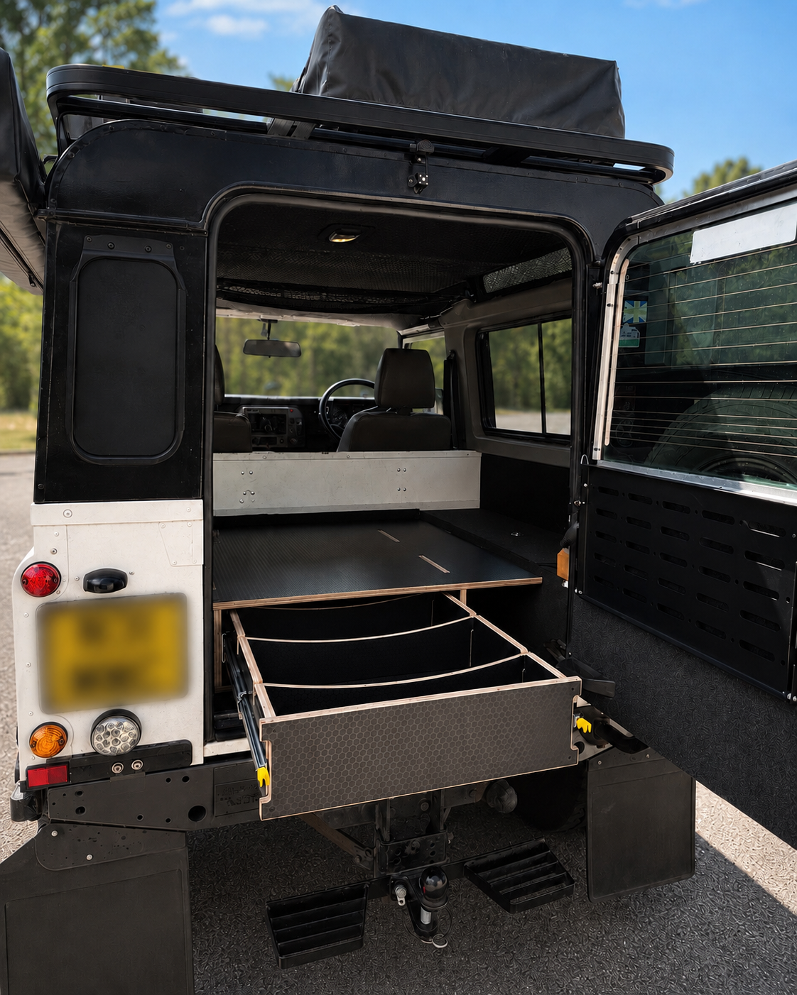 Custom storage drawer fitted in a Land Rover Defender 90