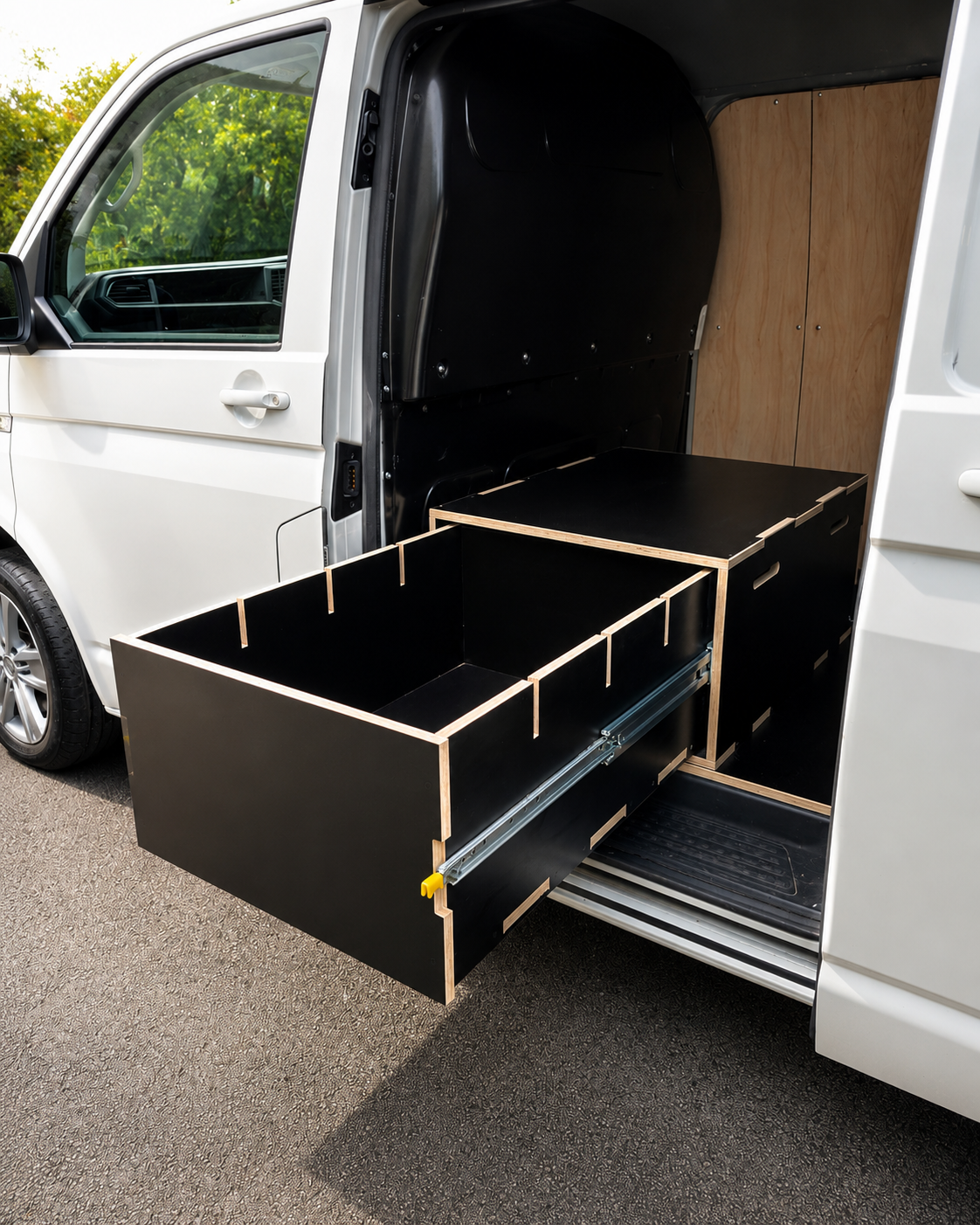 Custom heavy duty van storage drawer fitted in a Volkswagen Transporter