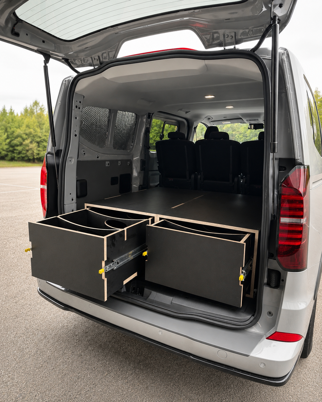 Custom twin van storage drawers with heavy duty runners fitted in a Volkswagen Transporter