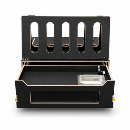 Front view of the pull-out kitchen drawer on the Discovery camper pod