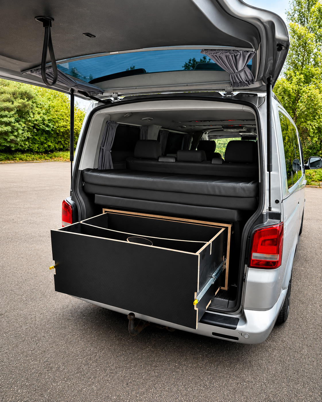 Slide-out storage drawer fitted in a VW Transporter Caravelle